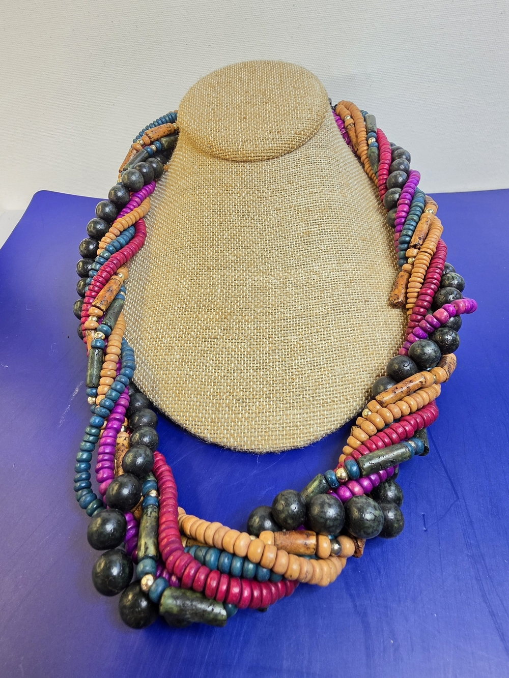 Multicolor Twisted Boho Statement Necklace - Pink, Orange, Teal, Black